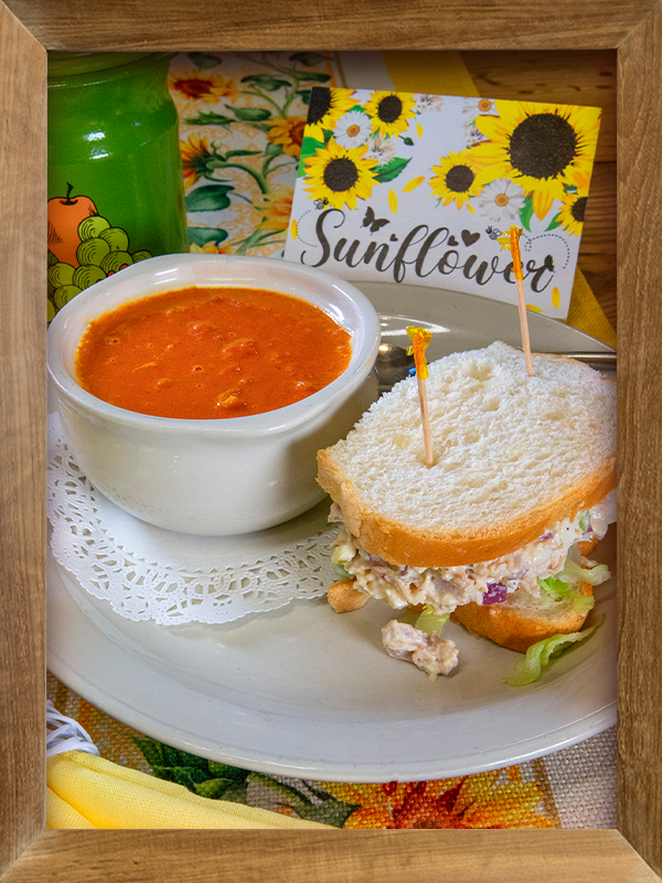 Tomato basil soup and chicken salad sandwich